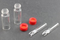 Vial Kit: Clear 2.0ml Screw Wide; 200μL Silanized Insert Polymer Spring, Conical Precision Mandrel Interior; Cap, 9 mm Red Polypropylene, PTFE/Butyl Rubber Septa