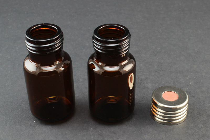 Amber Glass 10ml Screw Top Headspace Vial 23 x 46mm, Flat Bottom, Screw Top w/ 1.6 mm Butyl/ Red  PTFE Septa