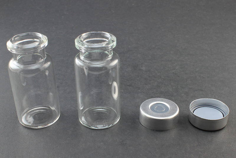 Clear Glass 10ml Headspace Vial 23 x 46mm, Bevel Top/Flat Bottom, 20mm Silver Aluminum Crimp Cap w/ PTFE/Molded Butyl Septa