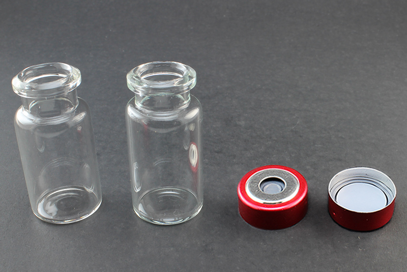 Clear Glass 10ml Headspace Vial 23 x 46mm, Bevel Top/Flat Bottom, 20mm Bi-Metal Crimp Cap w/ PTFE/Molded Butyl Septa