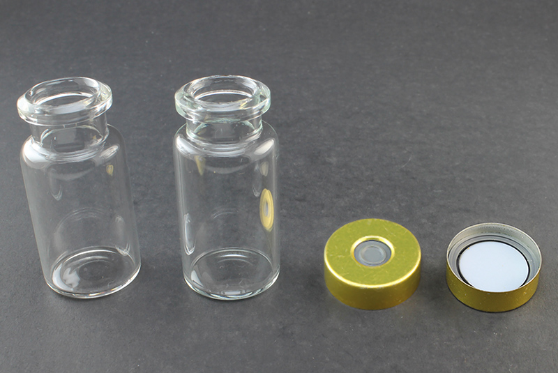 Clear Glass 10ml Headspace Vial 23 x 46mm, Bevel Top/Flat Bottom, Magnetic Steel Crimp Cap 20mm w/ PTFE/Molded Butyl Septa