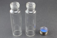 Clear Glass 20ml Screw Top Headspace Vial 23 x 75mm, Round Bottom, Screw Top w/ 1.5 mm Silicone/ Dark Blue PTFE Septa