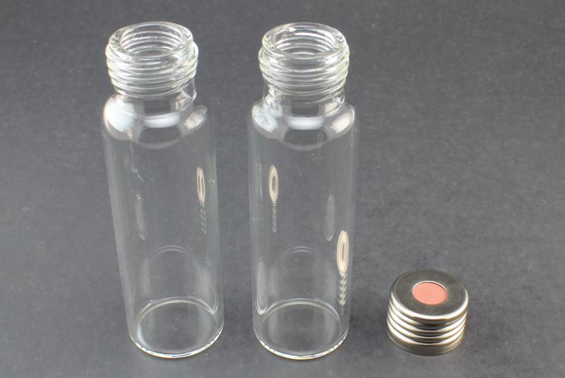 Clear Glass 20ml Screw Top Headspace Vial 23 x 75mm, Flat Bottom, Screw Top w/ 1.6 mm Butyl/ Red  PTFE Septa