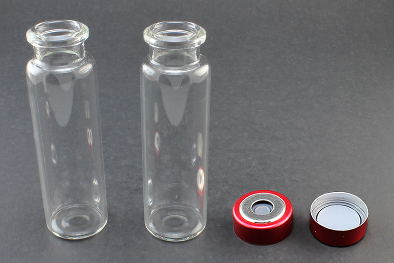 Clear Glass 20ml Headspace Vial 23 x 75mm, Bevel Top/Flat Bottom, 20mm Bi-Metal Crimp Cap w/ PTFE/Molded Butyl Septa