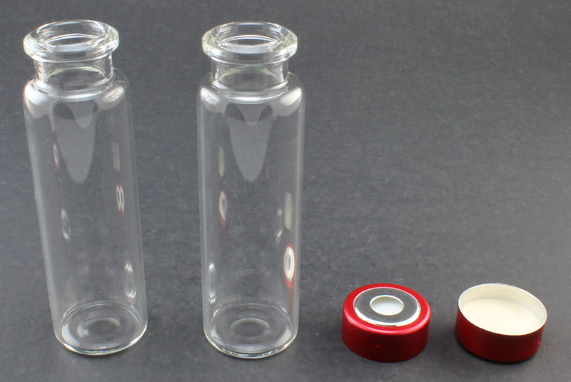 Clear Glass 20ml Headspace Vial 23 x 75mm, Bevel Top/Flat Bottom, 20mm Bi-Metal Crimp Cap w/ PTFE/Silicone Septa 