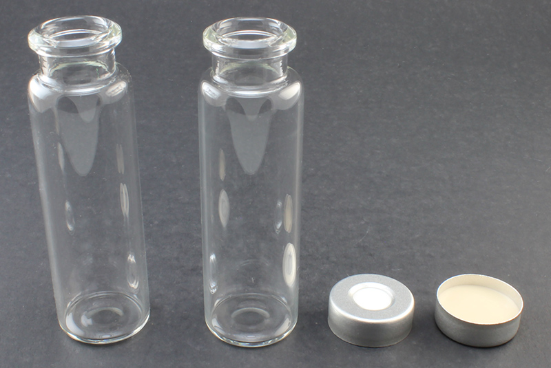 Clear Glass 20ml Headspace Vial 23 x 75mm, Bevel Top/Flat Bottom, 20mm Silver Aluminum Crimp Cap w/ PTFE/Silicone Septa 