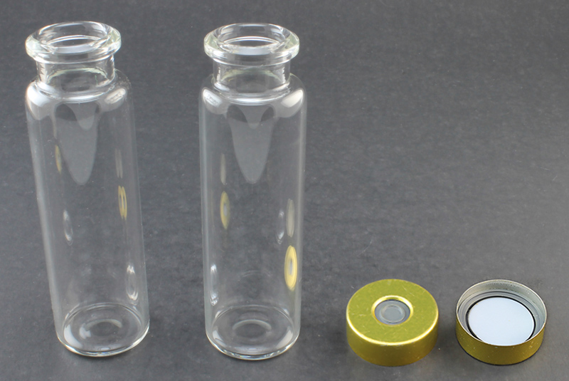 Clear Glass 20ml Headspace Vial 23 x 75mm, Bevel Top/Flat Bottom, Magnetic Steel Crimp Cap 20mm w/ PTFE/Molded Butyl Septa 