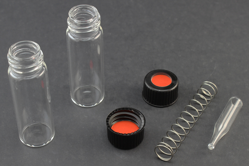 Vial Kit: Clear Glass, 4ml Screw Top Vial; 300μL Glass Insert w/ Compression Spring;  Screw Cap, 13mm Black Polypropylene w/ PTFE/Butyl Rubber Septa