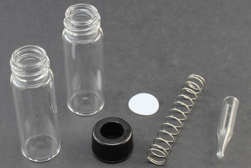 Vial Kit: Clear Glass, 4ml Screw Top Vial; 300μL Glass Insert w/ Compression Spring;  Screw Cap, 13mm Black Polypropylene w/ 10 mil White Virgin PTFE Septa