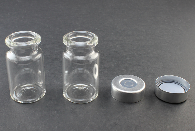 Clear Glass 6ml Headspace Vial 22 x 38mm, Bevel Top/Flat Bottom, 20mm Silver Aluminum Crimp Cap w/ PTFE/Molded Butyl Septa