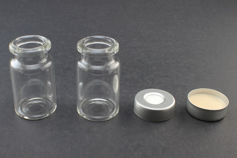 Clear Glass 6ml Headspace Vial 22 x 38mm, Bevel Top/Flat Bottom, 20mm Silver Aluminum Crimp Cap w/ PTFE/Silicone Septa 