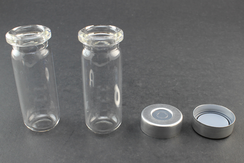 Clear Glass 9ml Headspace Vial 18 x 50mm, Bevel Top/Round Bottom, 20mm Silver Aluminum Crimp Cap w/ PTFE/Molded Butyl Septa