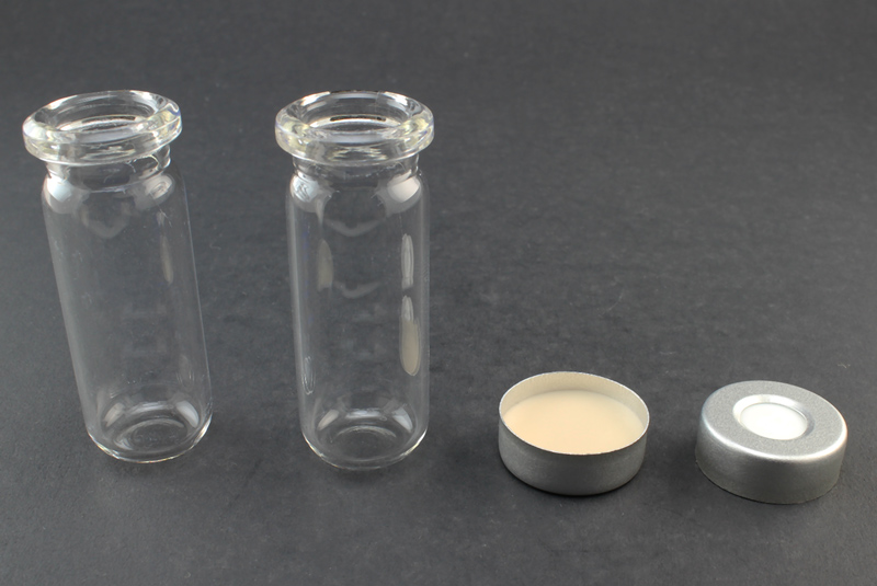 Clear Glass 9ml Headspace Vial 18 x 50mm, Bevel Top/Round Bottom, 20mm Silver Aluminum Crimp Cap w/ PTFE/Silicone Septa