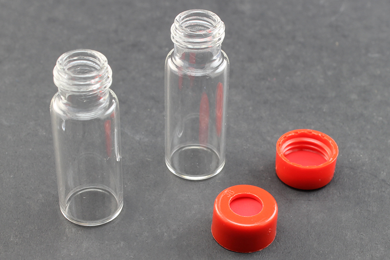 Vial Kit: Clear Glass 2.0ml Screw Top Wide Opening Vial; Screw Cap, 9 mm Red Polypropylene w/ PTFE/Silicone/PTFE Septa