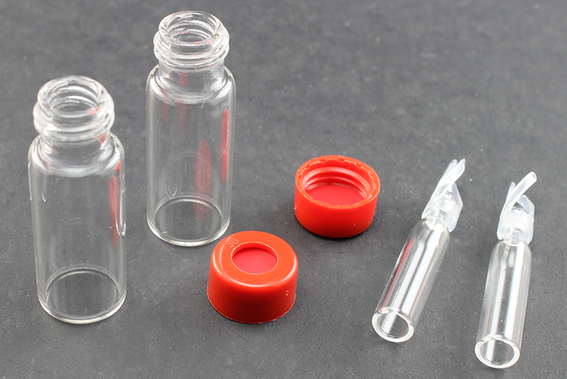Vial Kit: Clear 2.0ml Screw Wide; 200μL Insert Polymer Spring, Conical Precision Mandrel Interior; Cap, 9 mm Red Polypropylene w/ PTFE/Silicone/PTFE Septa