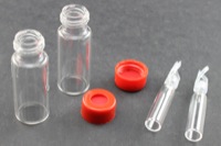 Vial Kit: Clear 2.0ml Screw Wide; 200μL Insert Polymer Spring, Conical Precision Mandrel Interior; Cap, 9 mm Red Polypropylene w/ PTFE/Silicone/PTFE Septa