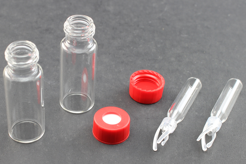 Vial Kit: Clear 2.0ml Screw Wide; 200μL Glass Insert Polymer Spring, Conical Precision Mandrel Interior; Cap, 9 mm Red Polypropylene w/ PTFE/Silicone Septa