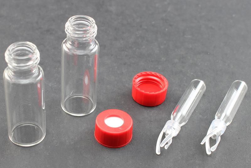 Vial Kit: Clear 2.0ml Screw Wide; 200μL Silanized Insert Polymer Spring, Conical Precision Mandrel Interior; Cap, 9 mm Red Polypropylene, PTFE/Silicone Septa