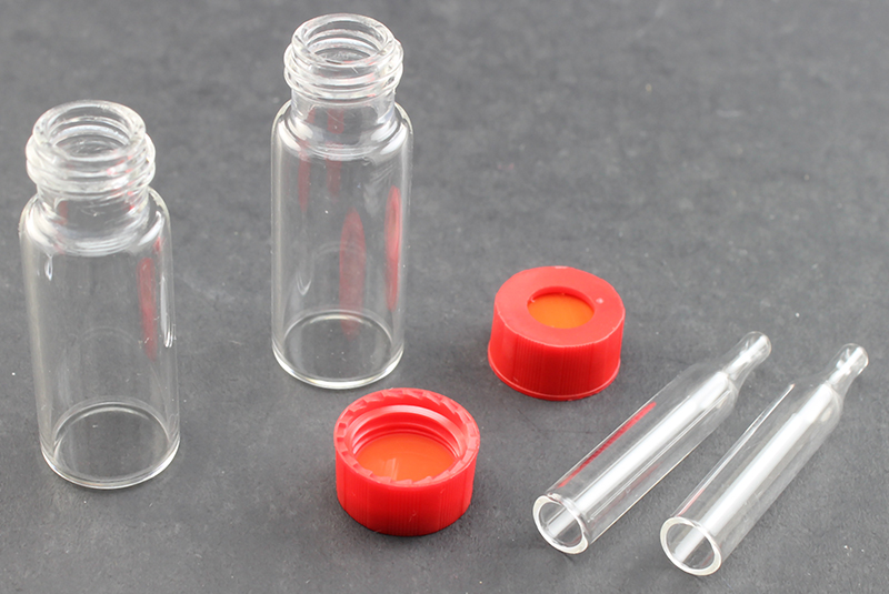 Vial Kit: Clear 2.0ml Screw Wide; 200μL Glass Insert, Conical Point Interior, No Spring Required; Screw Cap, 9 mm Red Polypropylene w/ PTFE/Red Rubber Septa
