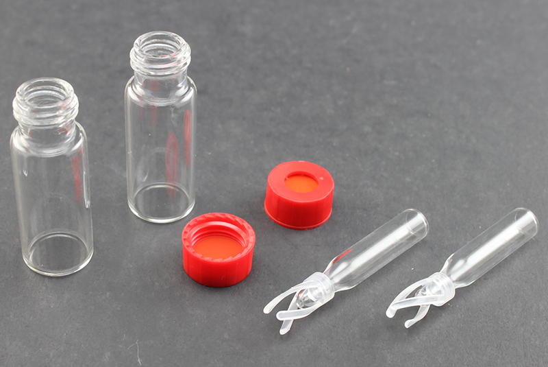 Vial Kit: Clear 2.0ml Screw Wide; 200μL Silanized Insert Polymer Spring, Conical Precision Mandrel Interior; Cap, 9 mm Red Polypropylene, PTFE/Butyl Rubber Septa
