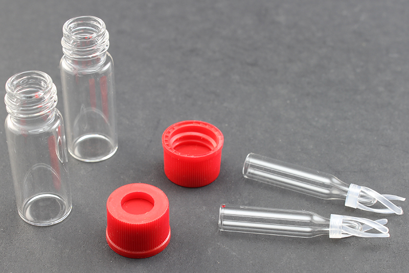 Vial Kit: Clear 2.0ml Screw Top Wide; 200μL Insert Polymer Spring, Conical Precision Mandrel Interior; Cap, 10mm Red Polypropylene, PTFE/Silicone/PTFE Septa
