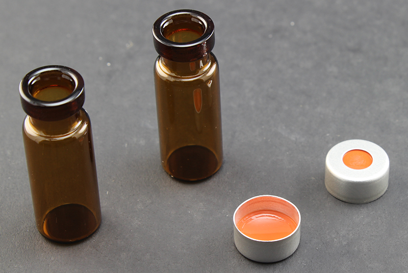 Vial Kit: Amber Glass 2.0ml Silanized Crimp Top Wide Opening Vial; Crimp Cap, 11mm Silver Aluminum w/ PTFE/Red Rubber Septa
