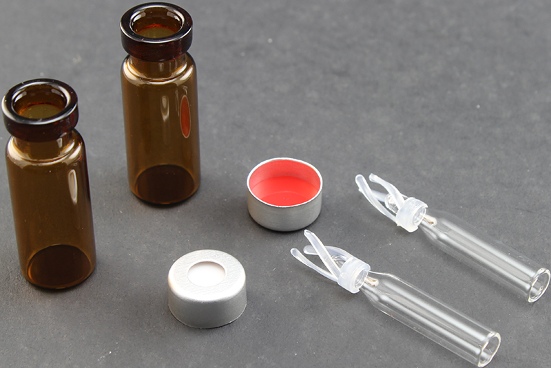 Vial Kit: Amber 2.0ml Crimp Wide; 200μL Glass Inserts Polymer Spring, Conical Precision Mandrel Interior; 11mm Silver Aluminum, PTFE/Silicone Septa