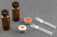 Vial Kit: Amber 2.0ml Crimp Top Wide; 200μL Glass Inserts Polymer Spring, Conical Precision Formed Mandrel Interior; 11mm Silver Aluminum, PTFE/Red Rubber Septa