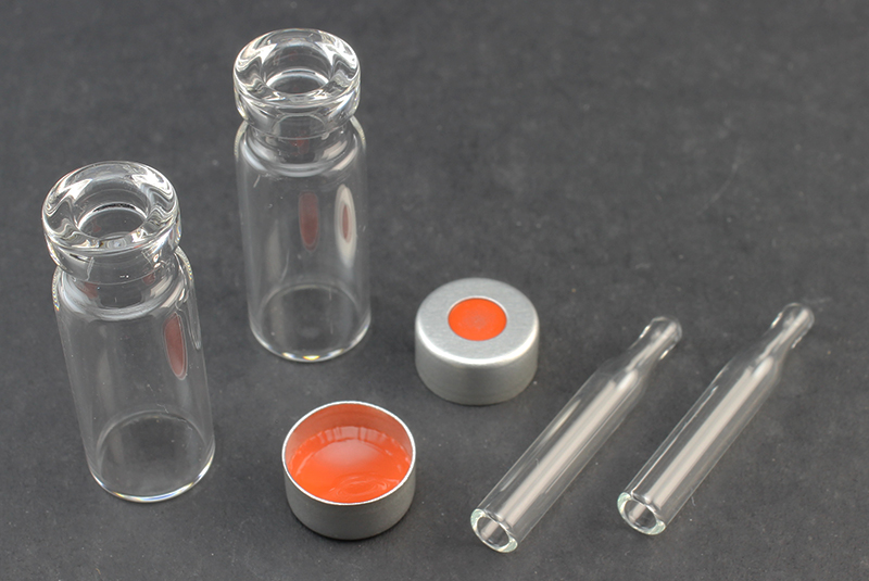 Vial Kit: Clear 2.0ml Crimp Standard; 100μL Inserts, Conical Point Interior, No Spring Required; Cap, 11mm Silver Aluminum w/ PTFE/Red Rubber Septa