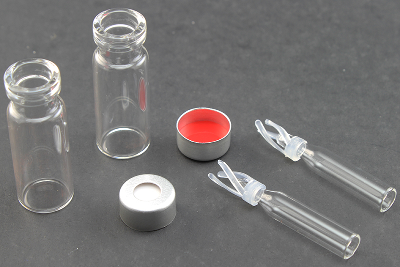 Vial Kit: Clear 2.0ml Crimp Top Wide; 200μL Glass Inserts Polymer Spring, Conical Precision Formed Mandrel Interior; 11mm Silver Aluminum, PTFE/Silicone Septa