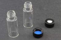 Vial Kit: 12 x 32 mm Clear Glass, Standard Opening Screw Top Vials 1.8ml, Blue PTFE/Silicone Liner Installed into the 8-425 Black Polypropylene Cap 