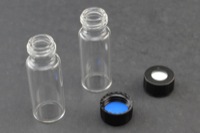 Vial Kit: 12 x 32 mm Clear Glass, Wide Mouth Screw Top Vials 2.0ml, Blue PTFE/Silicone Liner Installed into the 9 mm Black Polypropylene Cap