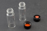 Vial Kit: 12 x 32 mm Clear Glass, Wide Mouth Screw Top Vials 2.0 ml, Red PTFE/Natural Rubber Liner Installed into the 9 mm Black Poly Cap