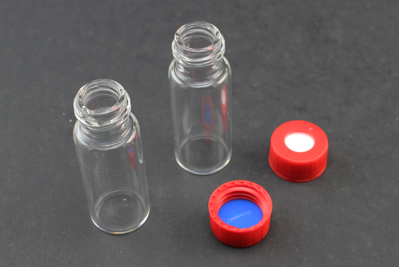 Vial Kit: Clear Glass 2.0ml Screw Top Wide Opening Vial; Screw Cap, 9 mm Red Polypropylene w/ pre-slit blue PTFE/Silicone Septa
